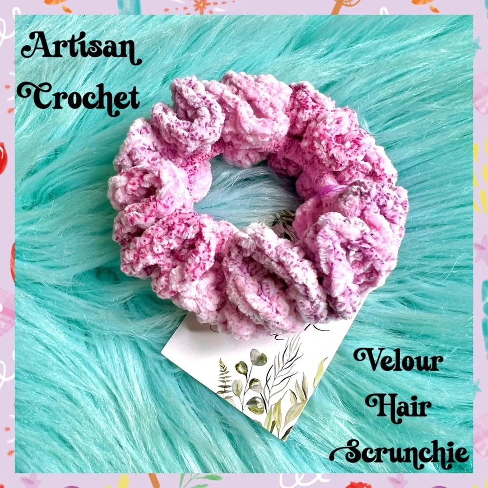 Handmade VELVET Sprinkle Pink Purple Small Scrunchie Crochet Hair Tie